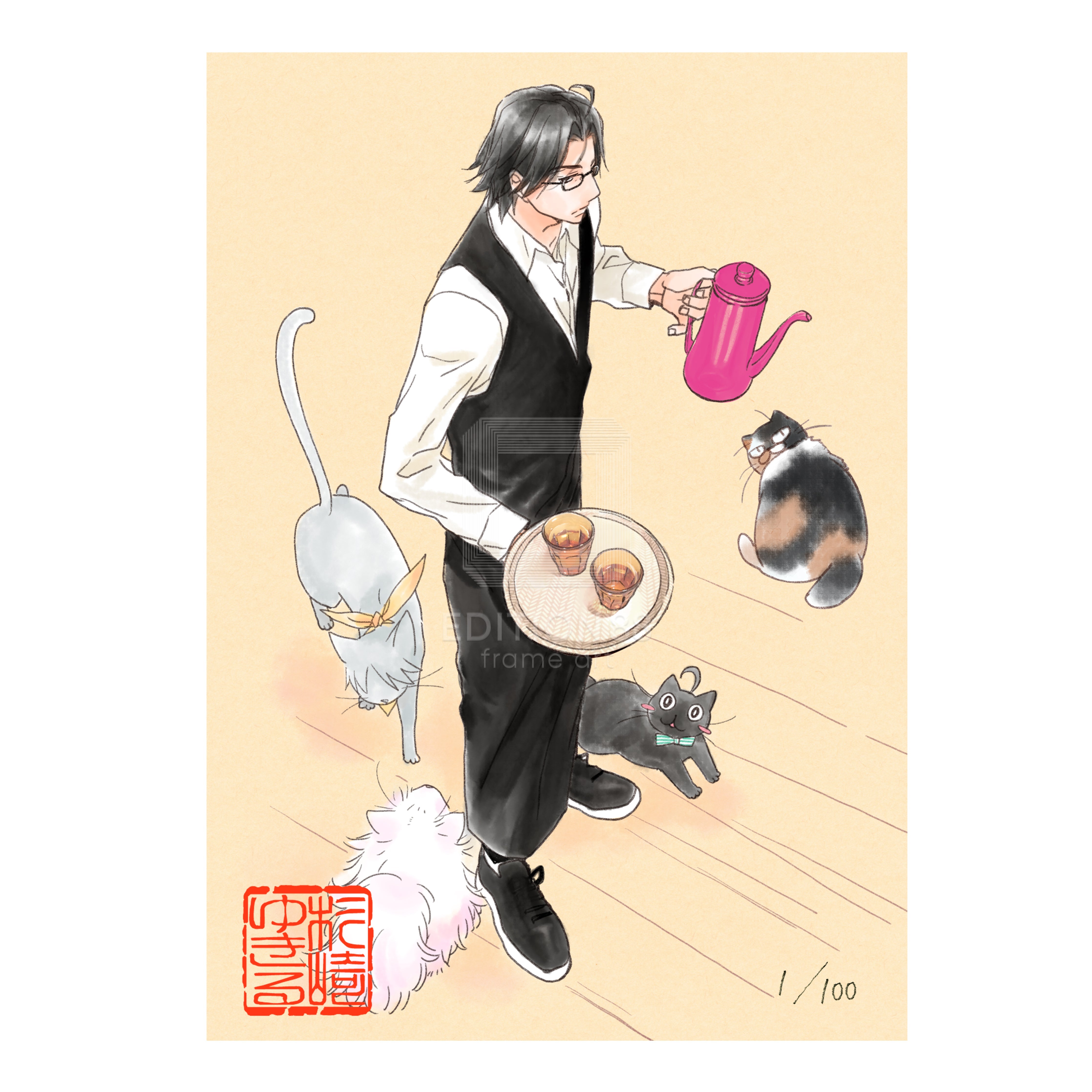 「純喫茶ねこ」版画 第3巻表紙 /杉崎ゆきる(落款入り / 限定100枚) 版画 Edition88