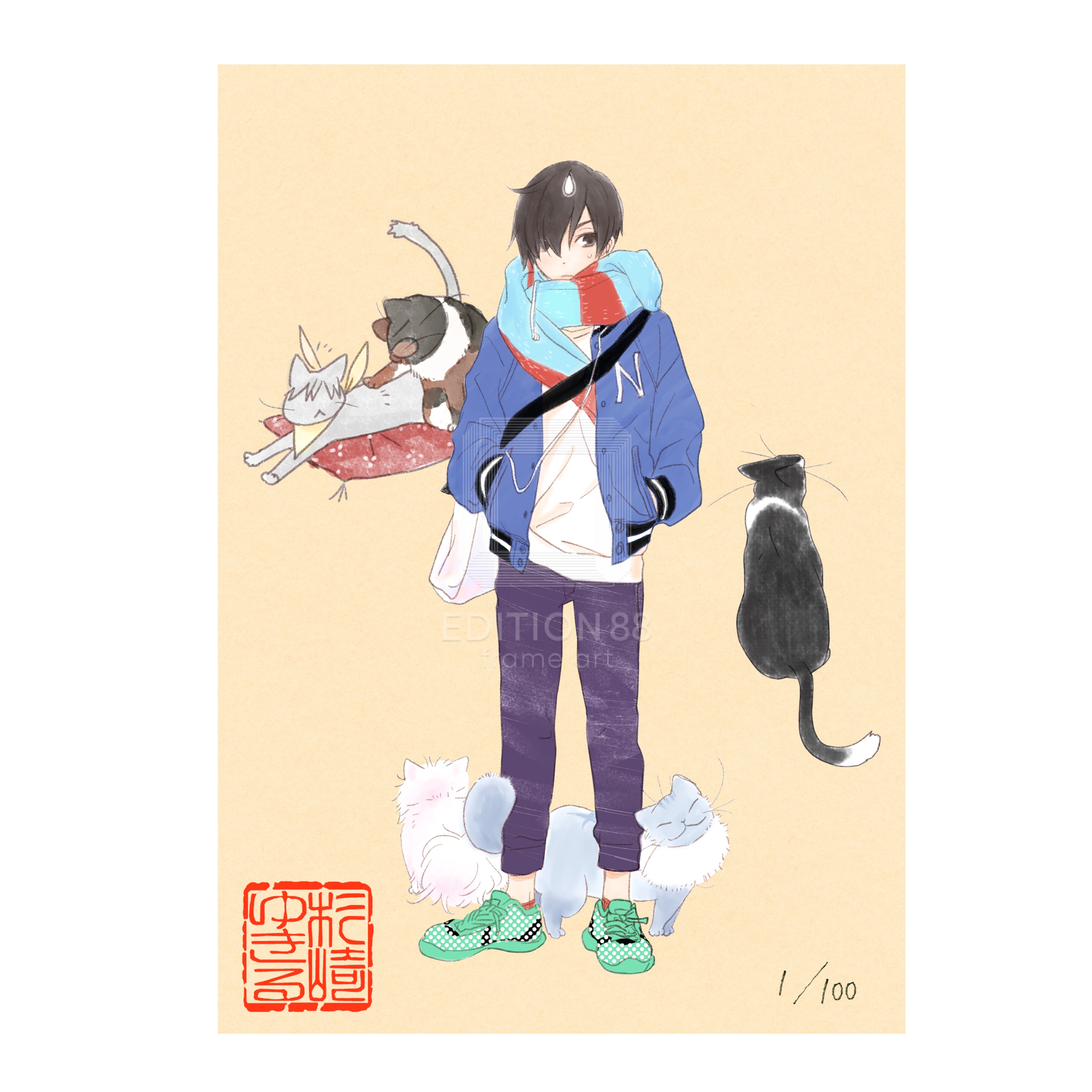 「純喫茶ねこ」版画 第4巻表紙 /杉崎ゆきる(落款入り / 限定100枚) 版画 Edition88