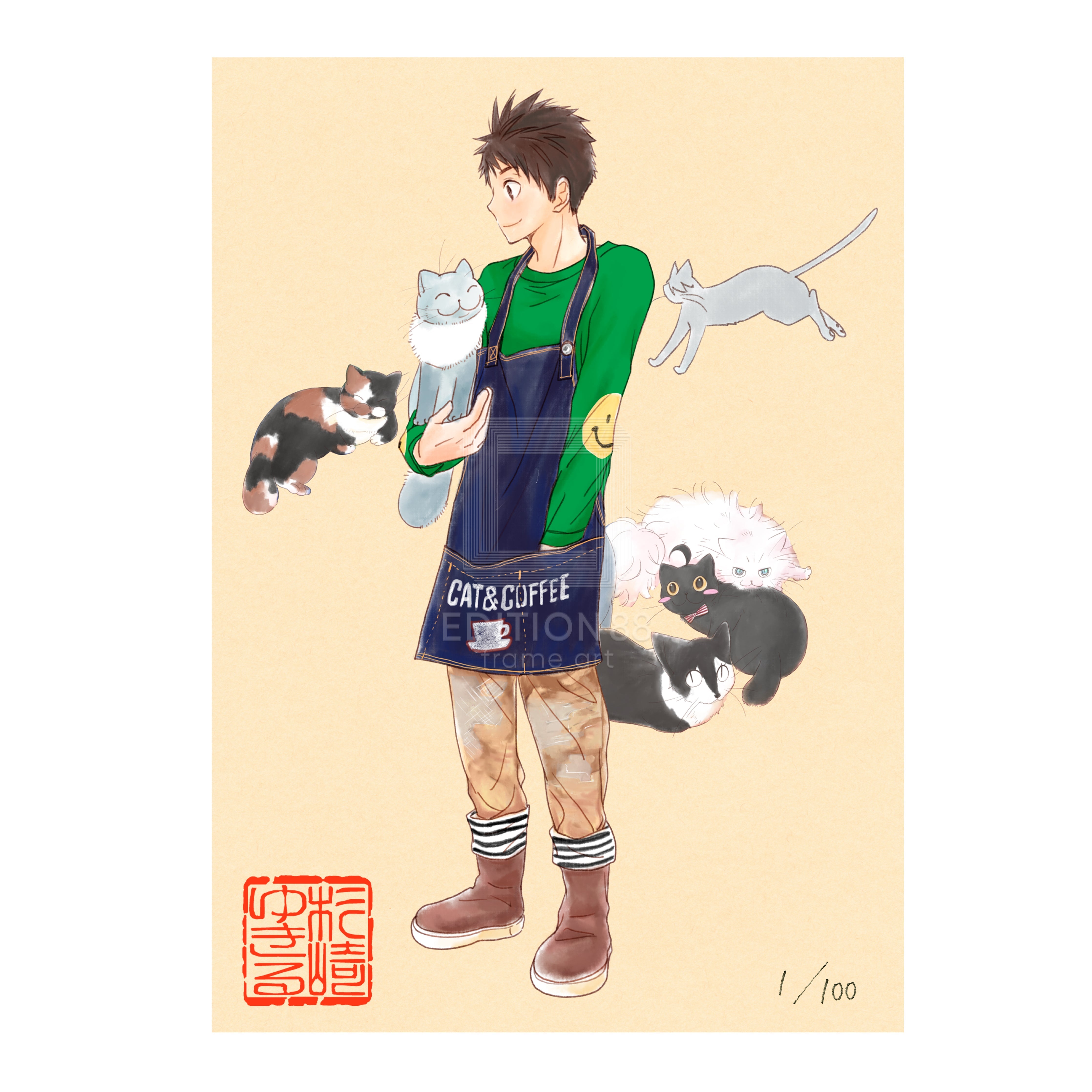 「純喫茶ねこ」版画 第5巻表紙 /杉崎ゆきる(落款入り / 限定100枚) 版画 Edition88