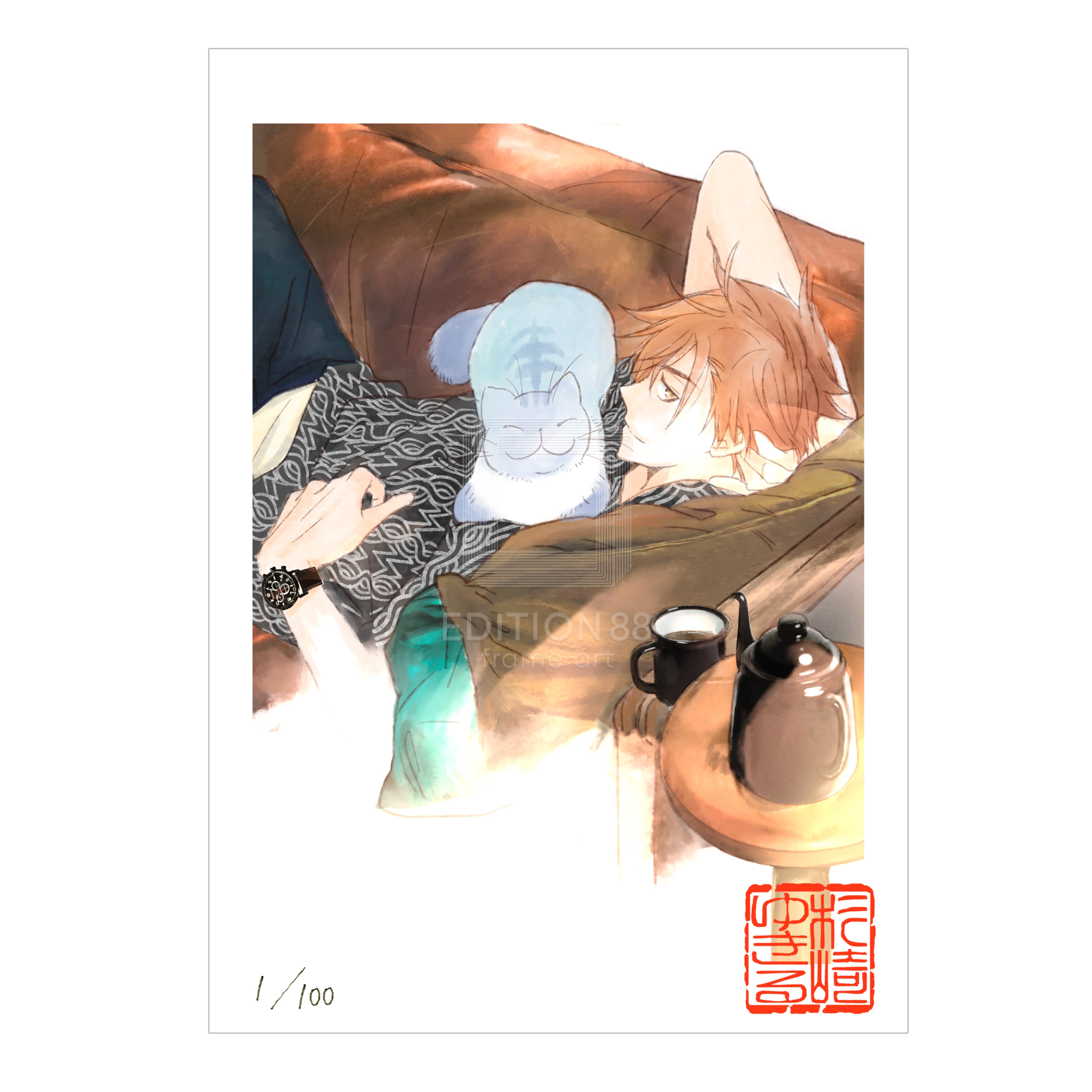 「純喫茶ねこ」版画 第6巻表紙 /杉崎ゆきる(落款入り / 限定100枚) 版画 Edition88