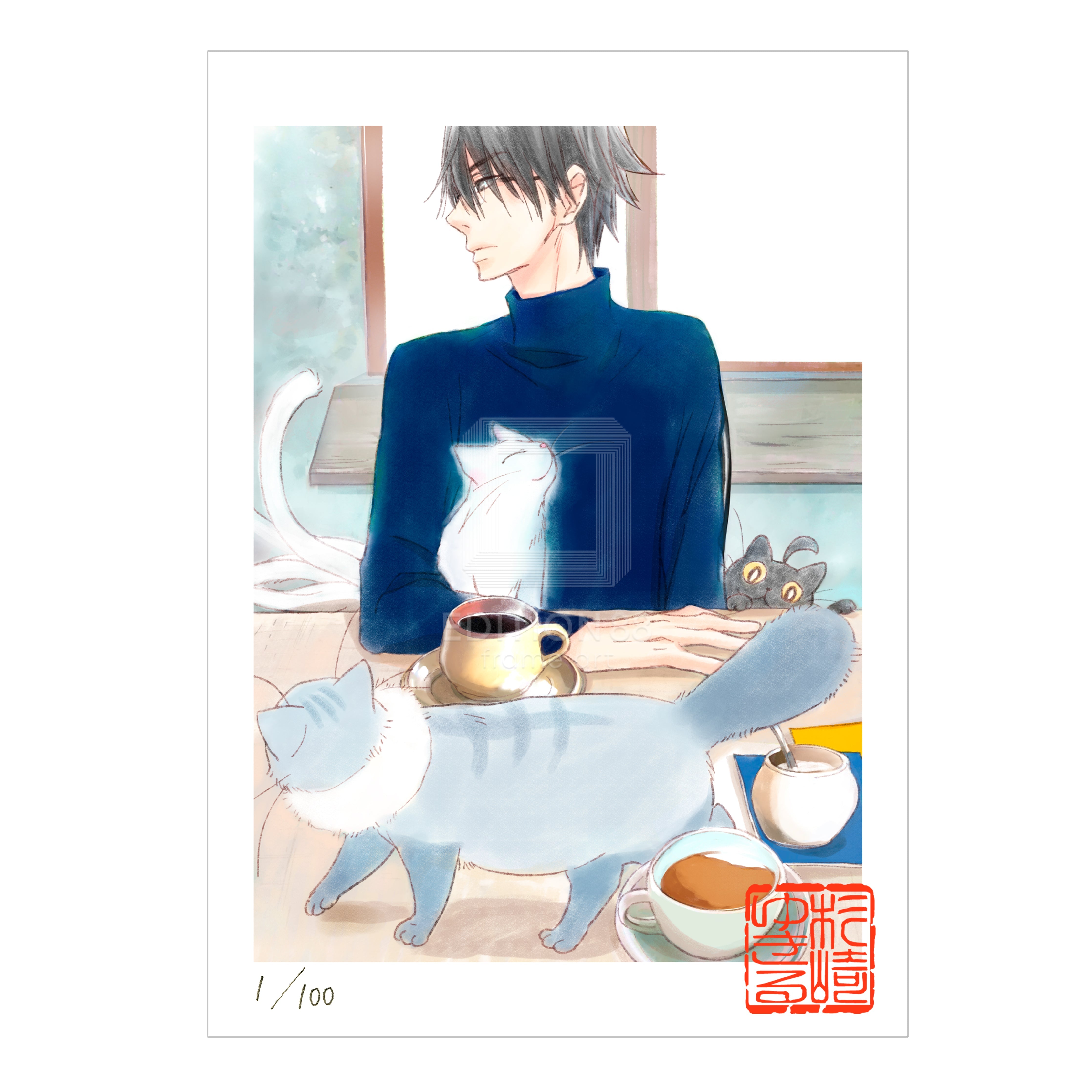 「純喫茶ねこ」版画 第7巻表紙 /杉崎ゆきる(落款入り / 限定100枚) 版画 Edition88